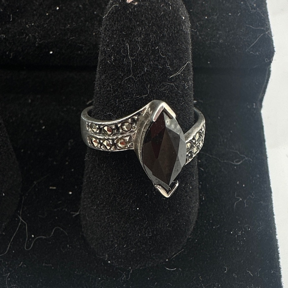 Black Sapphire Marquise-Cut Marcasite Ring - Women Jewelry